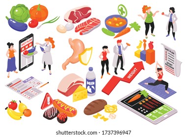 Isometric dietician nutritionist set of isolated food icons pictogram signs and people with gadgets and text vector illustration