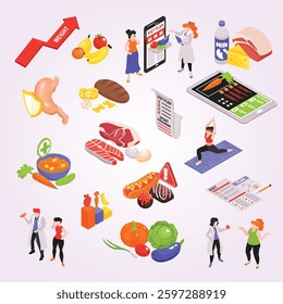 Isometric dietician nutritionist set of isolated food icons pictogram signs and people with gadgets and text vector illustration