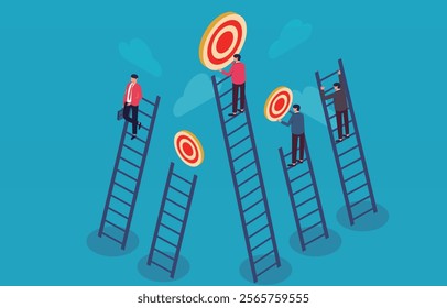  isometric different businessmen choose different ladders and reap different achievements