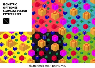 Isometric different colors gift box seamless pattern vector set on red blue yellow black green background. Holiday packing decoration