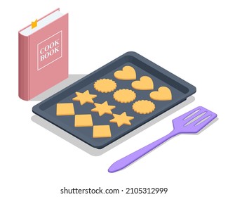 Isometric different cookies on white background. Tasty cookies, Oatmeal cookies and Chocolate sandwich cookies
