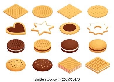 Isometric different cookies on white background. Tasty cookies, Oatmeal cookies and Chocolate sandwich cookies