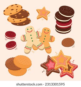 Isometric different cookies. Tasty cookies. Oatmeal, Chocolate sandwich, Christmas cookies.