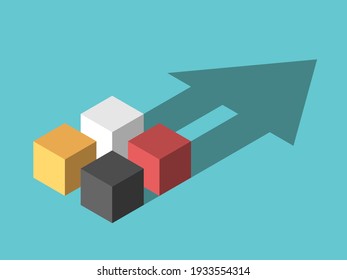 Isometric different cubes with common arrow shaped shadow. Family, teamwork, cooperation, development and variety concept. Flat design. EPS 8 vector illustration, no transparency, no gradients