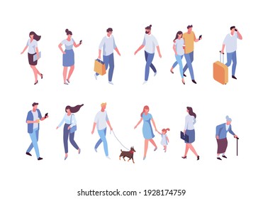 Isometric different people walking. Crowd vector set. Men and women isolated on white background