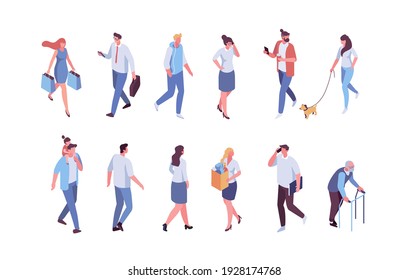 Isometric different people walking. Crowd vector set. Men and women isolated on white background