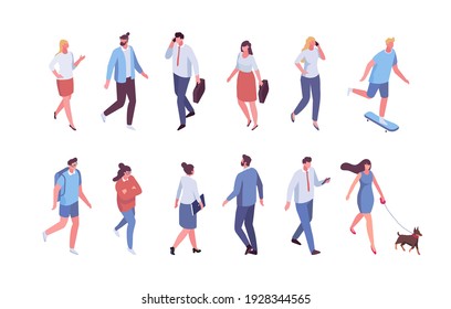 Isometric different people walking. Crowd vector set. Men and women isolated on white background