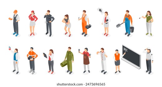 Isometric different professionals. People wear uniform, workers in various professions. Teacher and scientist, chef and seaman, flawless vector set