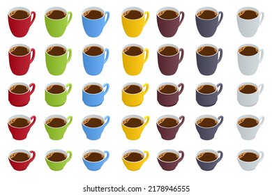 Isometric different types of cups of coffee or tea. Coffee types set, isolated illustration.