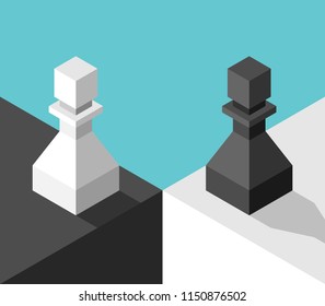 Isometric different white and black chess pawns standing on two sides. Opposition concept. Flat design. Vector illustration, no transparency, no gradients