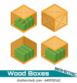 Isometric different wood boxes closed and open from side with pack of money isolated on white