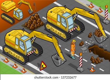 Isometric Digger Excavator Equipment Construction. Heavy Builder Bulldozer Building Mining. Isometric Foreman Excavator People 3D Vector Bulldozer Illustration Construction Person.