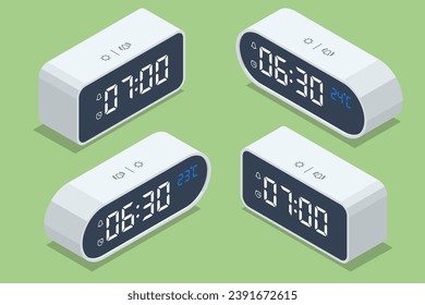 Reloj de alarma digital isométrico con dígitos verdes. 07:00 en el despertador digital