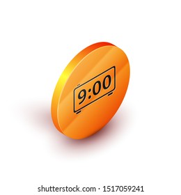 Isometric Digital alarm clock icon isolated on white background. Electronic watch alarm clock. Time icon. Orange circle button. Vector Illustration