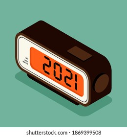 Isometric digital alarm clock vintage retro style happy new year 2021 concept, vector illustration