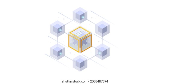 Isometric Digital art NFTs, generative art. NFT Non-fungible token is a unique and non-interchangeable unit of data stored on a digital ledger blockchain. Online payment, transaction