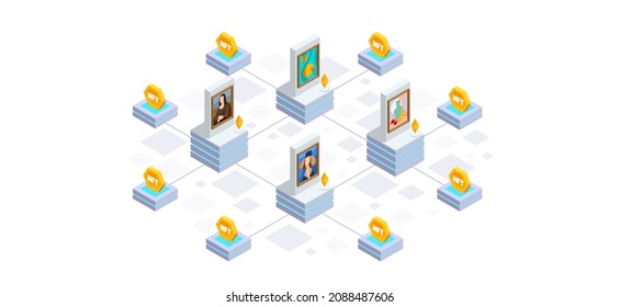 Isometric Digital art NFTs, generative art. NFT Non-fungible token is a unique and non-interchangeable unit of data stored on a digital ledger blockchain. Online payment, transaction