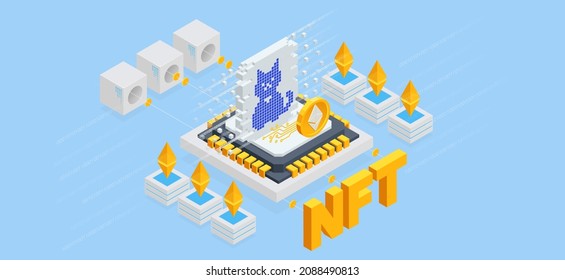 Isometric Digital art NFTs, generative art. NFT Non-fungible token is a unique and non-interchangeable unit of data stored on a digital ledger blockchain. Online payment, transaction