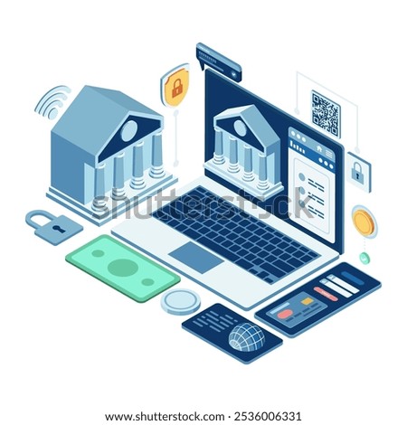 Isometric Digital Banking with Financial and Security Icons. Online Banking and Financial Technology Concept