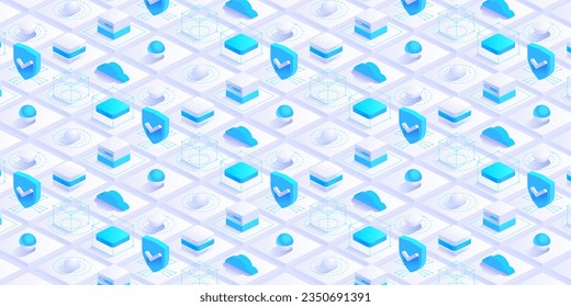 Isometric digital blocks or cubes. Digital cyberspace and data network connections concept. Cloud network. IOT ai science. Future technology abstract background concept. Vector illustration