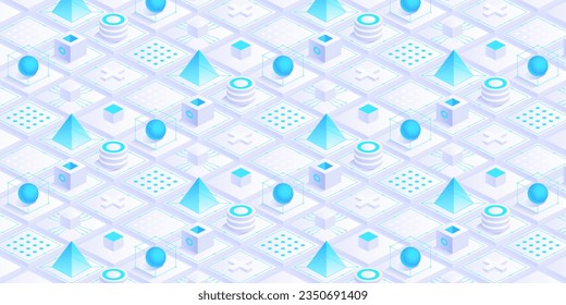 Isometrische digitale Blöcke oder Würfel. Konzept der digitalen Cyberspace- und Datennetzverbindungen. Cloud-Netzwerk. IOT ai science. Künftiges Technologie-Abstraktes Hintergrundkonzept. Vektorgrafik