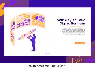 Isometric digital business concept. Vector Illustration with businessman working on digital trade market. Abstract background with augmented reality.