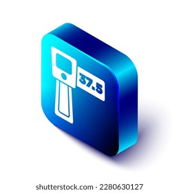 Termómetro digital isométrico sin contacto con icono de luz infrarroja aislado en fondo blanco. Botón cuadrado azul. Vector