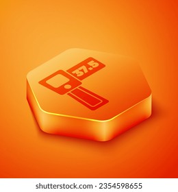 Isometric Digital contactless thermometer with infrared light icon isolated on orange background. Orange hexagon button. Vector