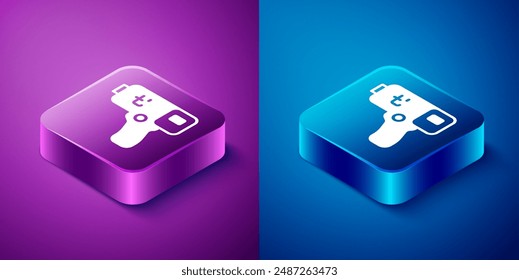 Isometrisches digitales berührungsloses Thermometer mit Infrarotlicht-Symbol isoliert auf blauem und lila Hintergrund. Quadratisches Button. Vektorgrafik