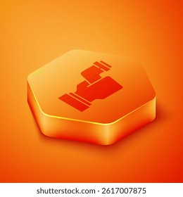 Isometric Digital contactless thermometer with infrared light for medical examination icon isolated on orange background. Checking body temperature. Orange hexagon button. Vector