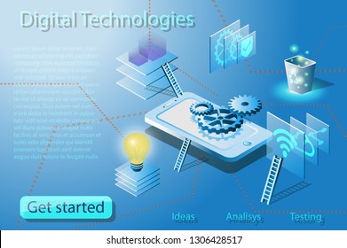 Isometric digital design of applications, web design, app and data analysis. 
