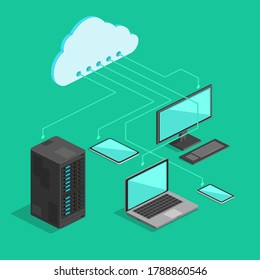 Isometric Digital Devices Connected to the Cloud Icon Vector Illustration.