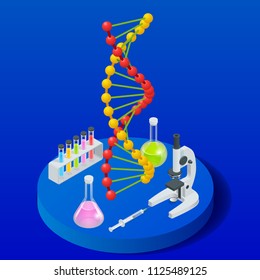 Isometric Digital DNA structure in blue background. Science concept. DNA sequence, Nanotechnology vector illustration.