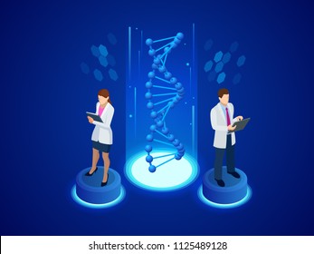 Isometric Digital DNA structure in blue background. Science concept. DNA sequence, Nanotechnology vector illustration.