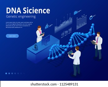 Isometric Digital DNA structure in blue background. Science concept. DNA sequence, Nanotechnology vector illustration.