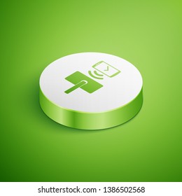 Isometric Digital door lock with wireless technology for unlock icon isolated on green background. Door handle sign. Security smart home of concept. White circle button. Vector Illustration