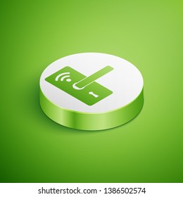 Isometric Digital door lock with wireless technology for unlock icon isolated on green background. Door handle sign. Security smart home of concept. White circle button. Vector Illustration