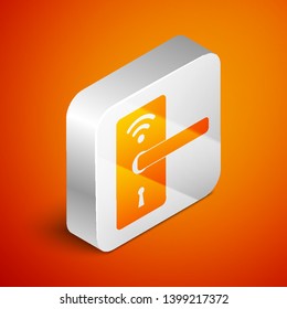 Isometric Digital door lock with wireless technology for unlock icon isolated on orange background. Door handle sign. Security smart home of concept. Silver square button. Vector Illustration