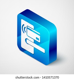 Isometric Digital door lock with wireless technology for unlock icon isolated on white background. Door handle sign. Security smart home of concept. Blue square button. Vector Illustration
