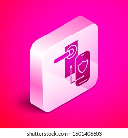 Isometric Digital door lock with wireless technology for lock icon isolated on pink background. Door handle sign. Security smart home. Silver square button. Vector Illustration