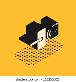 Isometric Digital door lock with wireless technology for unlock icon isolated on yellow background. Door handle sign. Security smart home.  Vector Illustration