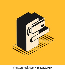 Isometric Digital door lock with wireless technology for unlock icon isolated on yellow background. Door handle sign. Security smart home.  Vector Illustration