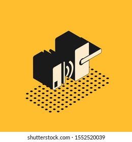 Isometric Digital door lock with wireless technology for unlock icon isolated on yellow background. Door handle sign. Security smart home.  Vector Illustration