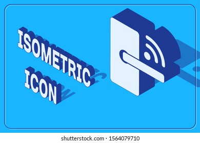 Isometric Digital Door Lock With Wireless Technology For Unlock Icon Isolated On Blue Background. Door Handle Sign. Security Smart Home.  Vector Illustration