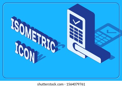 Isometric Digital door lock with wireless technology for unlock icon isolated on blue background. Door handle sign. Security smart home.  Vector Illustration