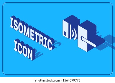 Isometric Digital door lock with wireless technology for unlock icon isolated on blue background. Door handle sign. Security smart home.  Vector Illustration