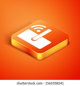Isometric Digital door lock with wireless technology for unlock icon isolated on orange background. Door handle sign. Security smart home.  Vector Illustration