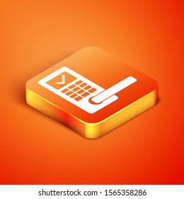 Isometric Digital door lock with wireless technology for unlock icon isolated on orange background. Door handle sign. Security smart home.  Vector Illustration