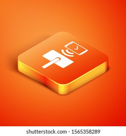 Isometric Digital door lock with wireless technology for unlock icon isolated on orange background. Door handle sign. Security smart home.  Vector Illustration