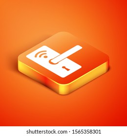 Isometric Digital door lock with wireless technology for unlock icon isolated on orange background. Door handle sign. Security smart home.  Vector Illustration